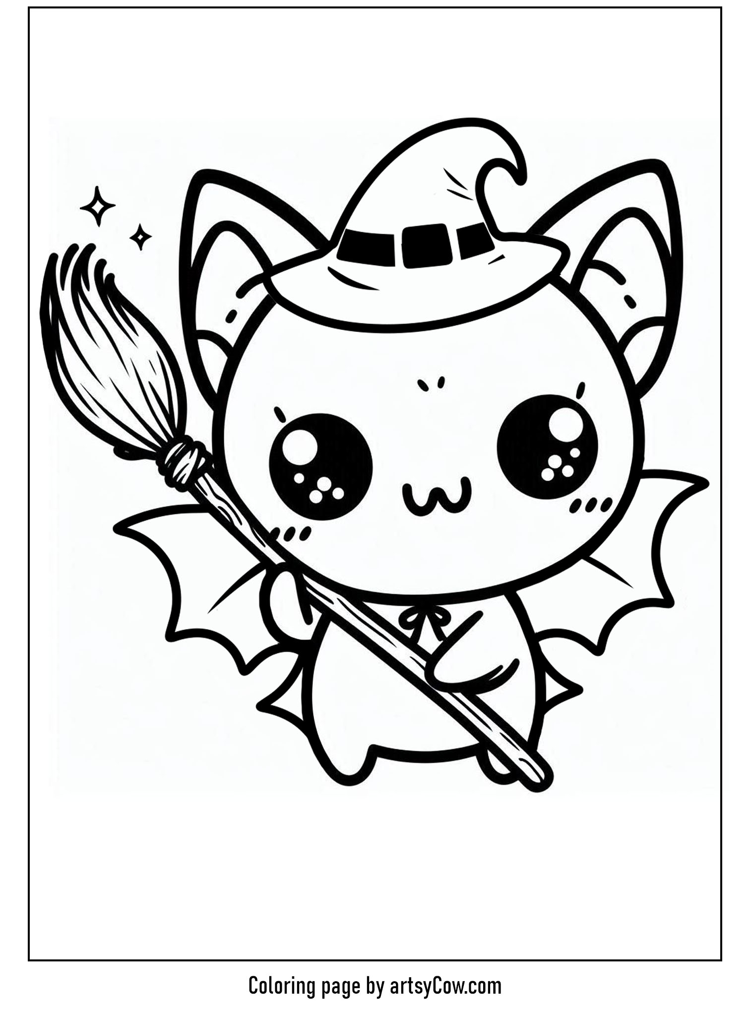 halloween coloring pages with bats, featuring a cute bat hoisting a broomstick and wearing a jaunty witch's hat.